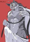  2019 abs big_bulge bulge canid canine canis clothed clothing erection male mammal morenatsu muscular muscular_male nipples red_background scar simple_background smile solo ten_kodori tenting topless wolf yu_chi_i 