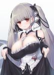  1girl azur_lane bangs bare_shoulders between_breasts black_dress blush breasts cleavage danbo_(rock_clime) dress earrings eyebrows_visible_through_hair formidable_(azur_lane) frilled_dress frills grey_hair hair_ornament hair_ribbon jewelry large_breasts long_hair long_sleeves looking_at_viewer motion_blur red_eyes ribbon skirt_hold solo twintails two-tone_dress 