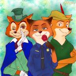  &quot;honest&quot;_john_foulfellow 1:1 2019 anthro black_nosecanid brown_eyes canid canine clothed clothing crossover disney fox fur gloves green_eyes group handwear hat headgear headwear male mammal nick_wilde pinocchio police_uniform red_fox robin_hood robin_hood_(disney) signature simple_background smile uniform zootopia ポン酢姫 
