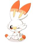  anthro blush bodily_fluids cub female hi_res lagomorph looking_at_viewer mammal nintendo one_eye_closed pok&eacute;mon pok&eacute;mon_(species) pussy rokesys scorbunny semi-anthro simple_background solo spread_legs spreading sweat video_games white_background young 