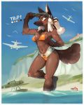  ! 2019 5_fingers ahoge aircraft ambient_bird anthro avian bf_109_(hideki_kaneda) bikini bird blush breasts brown_eyes brown_fur camera canid canine canis chest_tuft clothing day domestic_dog duo eyewear female fingers fluffy fluffy_tail fur glasses hair hat headgear headwear hi_res hideki_kaneda holding_object looking_at_another mammal navel outside partially_submerged peeping pink_fur pink_hair ponytail portrait seaside smile spitfire_(hideki_kaneda) swimwear three-quarter_portrait tuft water white_hair 