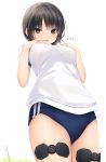  1girl aoyama_sumika black_hair blue_buruma blush breasts brown_eyes buruma coffee-kizoku commentary_request eyebrows_visible_through_hair from_below gym_shirt gym_uniform highres looking_at_viewer medium_breasts open_mouth original outdoors shirt simple_background solo 