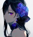  1girl achiki bangs bare_shoulders black_hair choker closed_mouth dress earrings eyelashes flower from_side grey_background hair_flower hair_ornament hair_ribbon jewelry long_hair looking_at_viewer makeup mole mole_under_mouth original purple_eyes purple_flower ribbon see-through simple_background solo strapless strapless_dress upper_body 