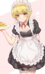  1girl apron arm_behind_back bangs black_dress blonde_hair blush bottle breasts cleavage commentary_request dress eyebrows_visible_through_hair green_eyes highres holding holding_bottle holding_plate idolmaster idolmaster_cinderella_girls idolmaster_cinderella_girls_starlight_stage looking_at_viewer maid maid_apron maid_headdress miyamoto_frederica plate red_ribbon ribbon short_hair shoukichi_(shony) smile solo white_apron 