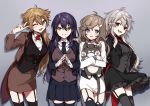  4girls :d ;d ahoge bandaged_hands bandages bangs black_jacket black_legwear black_neckwear black_shirt black_skirt black_vest blue_eyes breasts brown_eyes brown_hair brown_jacket brown_skirt brown_vest collared_shirt ear_piercing eyebrows_visible_through_hair frilled_skirt frills fushimi_gaku garter_straps genderswap genderswap_(mtf) green_eyes grey_background grey_legwear grey_vest hair_between_eyes hair_ornament hairclip jacket kanae_(nijisanji) kenmochi_touya kuzuha_(nijisanji) long_hair long_sleeves looking_at_viewer medium_breasts multiple_girls nijisanji object_hug one_eye_closed open_clothes open_jacket open_mouth piercing pointy_ears purple_hair red_eyes shirt silver_hair simple_background skirt smile steepled_fingers stuffed_animal stuffed_cat stuffed_toy thighhighs v very_long_hair vest white_jacket white_shirt white_skirt yamabukiiro 