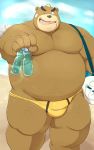  2019 anthro ashigara beach beartouma_0517 belly beverage brown_fur bulge clothing fur hi_res humanoid_hands japanese_text male mammal moobs one_eye_closed outside overweight overweight_male seaside solo swimwear text tokyo_afterschool_summoners ursid video_games water wink 
