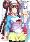  ... 1girl black_legwear blue_eyes blush breasts brown_hair double_bun gold hair_bun highres large_breasts legwear_under_shorts low_twintails mei_(pokemon) mokufuu nugget_(pokemon) pantyhose pokemon pokemon_(game) pokemon_bw2 shirt short_shorts shorts solo sweatdrop thought_bubble twintails visor_cap yellow_shorts 