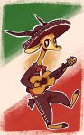  2019 acoustic_guitar ambiguous_gender antelope anthro barefoot bovid chico_(fuel) clothed clothing facial_markings flag_background fuel_(artist) furgonomics gazelle guitar hat head_markings headgear headwear hi_res holding_guitar holding_musical_instrument holding_object horn looking_at_viewer mammal mariachi markings mexican_flag musical_instrument on_one_leg outline smile solo sombrero standing white_outline 