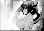  1girl ball black_border border center_frills commentary_request covered_nipples dragon_girl dragon_horns dragon_wings frills grea_(shingeki_no_bahamut) greyscale hair_between_eyes hand_up horns kztk long_sleeves looking_away manaria_friends monochrome no_bra pointy_ears profile see-through shingeki_no_bahamut shirt solo upper_body wet wet_clothes wet_shirt wings 