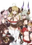  5girls absurdres aliza_(granblue_fantasy) anila_(granblue_fantasy) antenna_hair asanagi bare_shoulders bikini black_gloves blonde_hair breasts brown_hair circlet cleavage draph fantia_reward forte_(shingeki_no_bahamut) gloves granblue_fantasy hair_over_one_eye highres horn_ornament horns huge_breasts lavender_hair long_hair looking_at_viewer multiple_girls narmaya_(granblue_fantasy) paid_reward pink_hair pointy_ears sideboob simple_background skindentation skirt smile swimsuit thalatha_(granblue_fantasy) thick_thighs thighhighs thighs white_background white_bikini white_legwear 