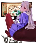  1girl albino bean_bag_chair brown_legwear capcom_fighting_jam commentary_request controller dress drinking dualshock game_controller gamepad hairpods highres ingrid looking_back milk_carton no_shoes pantyhose purple_dress red_eyes solo television tetsu_(kimuchi) white_hair 