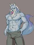  2019 alphs anthro biped bottomwear canid canine canis clothed clothing condom facial_hair fur grey_fur hi_res law_(sdorica_sunset) male mammal mouth_hold muscular muscular_male navel nipples sdorica sdorica_sunset standing topless wolf 