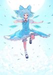  1girl black_footwear bloomers blue_bow blue_dress blue_eyes blue_hair bow character_name cirno cloud commentary dress flying frills hair_bow ice ice_wings mary_janes red_bow satyuas shoes short_hair short_sleeves sky socks solo sun touhou underwear white_legwear wings 