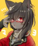  2014 5_fingers anthro black_fur black_hair blush breasts clothed clothing domestic_cat eyewear felid feline felis female fingers fur glasses grey_fur hair japanese_text kemono ksyaro looking_at_viewer mammal medium_breasts open_mouth red_eyes red_glasses short_hair simple_background solo surprise text yellow_background 