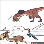  1:1 dialogue dinosaur dromaeosaurid english_text feral hunting instagram outside pet_foolery reptile roxy_the_t-rex scalie size_difference terrorbird text theropod tree twig_the_velociraptor tyrannosaurid tyrannosaurus tyrannosaurus_rex velociraptor 