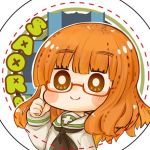  1girl bangs bearbaiting1835 blunt_bangs bright_pupils chibi emblem girls_und_panzer glasses long_hair long_sleeves lowres neckerchief ooarai_(emblem) ooarai_school_uniform orange_eyes orange_hair school_uniform smile solo takebe_saori wavy_hair white_pupils 