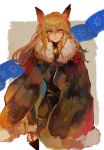  1girl animal_ears blonde_hair brooch cape cloak fox_ears fur_trim highres jewelry juneliu927 long_hair looking_at_viewer pixiv_fantasia pixiv_fantasia_last_saga quintica_chief_of_the_polar_night simple_background solo standing very_long_hair yellow_eyes 