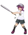  1girl airisubaka baseball_bat black_legwear blush brown_shorts cap child commentary eyebrows_visible_through_hair full_body hair_between_eyes highres holding_baseball_bat leah_(airisubaka) looking_at_viewer missing_tooth open_mouth ponytail purple_footwear purple_hair shirt shoes shorts simple_background smile socks solo teeth white_background white_shirt 