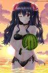  1girl ;p artist_name bikini black_bikini black_hair blush breasts choker closed_mouth cloud collarbone commentary_request eyebrows_visible_through_hair flower food fruit hair_between_eyes hair_flower hair_ornament helvetica_5tandard hibiscus highres holding holding_food long_hair looking_at_viewer medium_breasts navel neptune_(series) one_eye_closed outdoors partially_submerged red_eyes side-tie_bikini signature sky smile solo sun sunset swimsuit tongue tongue_out two_side_up uni_(neptune_series) water watermark watermelon web_address 