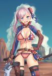  1girl absurdres american_flag_bikini asymmetrical_hair bangs bikini blue_eyes blush breasts bun_cover cleavage collarbone commentary_request eyebrows_visible_through_hair fate/grand_order fate_(series) flag_print gloves gun hair_bun highres holding holding_gun holding_weapon large_breasts long_hair looking_at_viewer miyamoto_musashi_(fate/grand_order) miyamoto_musashi_(swimsuit_berserker)_(fate) navel pink_hair sky smile solo swept_bangs swimsuit weapon yanows 