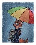  absurd_res canid canine clothing disney duo eyewear female fox hi_res judy_hopps lagomorph leporid male mammal mshkaa nick_wilde predator/prey rabbit raining smile sunglasses umbrella uniform zootopia 