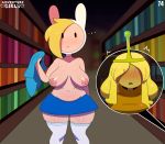  2019 absurd_res adventure_time animal_humanoid big_breasts blonde_hair blush book breasts cartoon_network clothed clothing embarrassed female fionna_the_human hair hair_over_eye hi_res human humanoid inside legwear library looking_at_another mammal navel public reptile scalie slightly_chubby socks somescrub standing topless turtle turtle_princess wide_hips 
