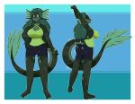  anthro blue_eyes bottomwear clothing ear_fins female fin gem green_hair hair halter_top hi_res long_hair marine merfolk miren shinyillusionz shorts solo stretching 