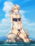  1girl bikini blue_bikini blue_sky blush breasts closed_mouth cloud covered_nipples destroyer gloves gradient_sky kantai_collection long_hair looking_at_viewer medium_breasts military military_vehicle navel necktie nowaki_(kantai_collection) ocean ponytail sameha_ikuya ship silver_eyes silver_hair sitting sky smile solo swimsuit tan tanline warship watercraft white_gloves yellow_neckwear 