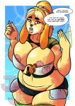  animal_crossing big_breasts bodily_fluids breasts canid canine canis dialogue domestic_dog female hi_res huge_breasts isabelle_(animal_crossing) kingjaguar lipstick makeup mammal nintendo pencil_(object) shih_tzu solo sweat toy_dog video_games 