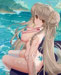  1girl absurdres ahoge alternate_costume ass azur_lane bangs bikini blue_bikini blush braid breasts brown_eyes choker cleavage day double_bun formidable_(azur_lane) formidable_(the_lady_of_the_beach)_(azur_lane) highres large_breasts light_brown_hair long_hair looking_at_viewer naicha_(842951905) outdoors parted_lips pink_choker ribbon sidelocks single_thighhigh sitting soaking_feet solo swimsuit thighhighs very_long_hair wet 