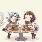  3girls :d ;o aqua_hair ayasaka bang_dream! beige_background black_legwear blue_neckwear blue_skirt bowl brown_hair brown_neckwear brown_skirt commentary_request cup derivative_work elbows_on_table food french_fries glasses green_eyes hamburger hand_up hazawa_tsugumi heart heart_in_mouth hikawa_hina hikawa_sayo ketchup kneehighs leaning_forward leaning_on_table long_hair miniskirt multiple_girls necktie one_eye_closed open_mouth parsley plaid plaid_skirt shoes short_hair short_sleeves side_braids skirt smile sparkle sparkling_eyes standing standing_on_one_leg sweater_vest tray uwabaki 