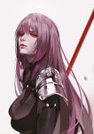  bodysuit fate/grand_order fate_(series) gae_bolg highres lips looking_at_viewer pauldrons polearm purple_bodysuit red_eyes scathach_(fate)_(all) scathach_(fate/grand_order) spear upper_body weapon yang-do 