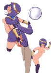  1boy 1girl absurdres aqua_eyes bangs blunt_bangs blush bob_cut breasts closed_mouth commentary_request eyebrows_visible_through_hair fingerless_gloves furrowed_eyebrows gloves head_tilt highres lsizessize medium_breasts menat multiple_views nipples nude open_mouth outstretched_arms purple_gloves purple_hair purple_legwear short_hair street_fighter street_fighter_v thighhighs white_background 