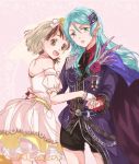  2girls :d aqua_hair arm_around_waist bang_dream! black_neckwear black_shorts boutonniere bow brown_eyes brown_hair cape chain choker dress earrings epaulettes feathers flower frilled_sleeves frills gloves green_eyes hair_bow hair_flower hair_ornament hazawa_tsugumi hikawa_sayo holding_hands jewelry lemon_(lmn826) long_hair long_sleeves looking_at_viewer medal military military_uniform multiple_girls necktie open_mouth pearl_(gemstone) pink_background see-through_sleeves short_hair short_sleeves shorts smile uniform veil white_choker white_gloves yellow_flower yuri 