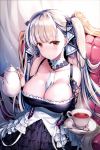  1girl areola_slip areolae azur_lane between_breasts blush breasts chair choker cleavage commentary_request corset cup earrings eyebrows_visible_through_hair formidable_(azur_lane) frills hair_ribbon highres jewelry large_breasts long_hair looking_at_viewer necktie necktie_between_breasts plate platinum_blonde_hair red_eyes rei_(rei&#039;s_room) revision ribbon solo sparkle spoon tea teacup teapot twintails two-tone_dress two-tone_ribbon very_long_hair 