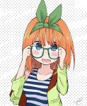  1girl bangs bare_shoulders bespectacled blue_eyes blush breasts collarbone commentary_request dress eyebrows_behind_hair glasses go-toubun_no_hanayome green-framed_eyewear green_jacket green_ribbon hair_between_eyes hair_ribbon hands_up jacket kujou_karasuma looking_at_viewer medium_breasts nakano_yotsuba off_shoulder open_clothes open_jacket open_mouth orange_hair polka_dot polka_dot_background ribbon signature simple_background solo striped striped_dress sweat white_background 