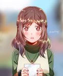  1girl alternate_hairstyle blurry blurry_background blush brown_eyes brown_hair colored_eyelashes commentary_request d: depth_of_field eyebrows_visible_through_hair furrowed_eyebrows half_updo heart heart_necklace holding holding_paper joshi_kousei_no_mudazukai juan_mao kikuchi_akane long_hair looking_at_viewer nail_polish open_mouth paper parted_lips red_nails solo star sweatdrop turtleneck twitter_username upper_body 
