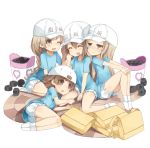  4girls arashiya arm_up ass baseball_cap between_legs bloomers blue_shirt brown_eyes brown_hair bucket cheek_press closed_eyes cuddling hand_between_legs hand_to_own_mouth hands_on_own_knees hat hataraku_saibou heart heart-shaped_pupils knees_up lap_pillow long_hair lying multiple_girls on_side one_eye_closed open_mouth platelet_(hataraku_saibou) shirt short_hair short_sleeves sitting smile socks symbol-shaped_pupils t-shirt underwear white_footwear white_headwear yuri 