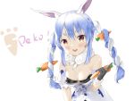  1girl animal_ear_fluff animal_ears armband bangs black_gloves blue_hair blush bow braid breasts bunny_ears buttons carrot carrot_hair_ornament carrot_print catchphrase cleavage extra_ears eyebrows food food_print food_themed_hair_ornament gloves hair_between_eyes hair_bow hair_ornament highres holding holding_food hololive long_braid long_hair looking_at_viewer meatfatty multicolored_hair open_mouth pocket red_eyes scarf small_breasts solo symbol-shaped_pupils twin_braids two-tone_hair upper_teeth usada_pekora virtual_youtuber white_background 