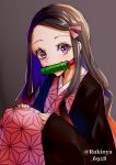  1girl absurdres bamboo bangs bit_gag brown_background brown_hair commentary_request forehead gag gradient_hair hair_ribbon hands_on_own_knees highres japanese_clothes kamado_nezuko kimetsu_no_yaiba kimono knees_up long_sleeves looking_at_viewer mouth_hold multicolored_hair open_clothes orange_hair parted_bangs pink_kimono pink_ribbon purple_eyes purple_hair ribbon rukinya_(nyanko_mogumogu) sitting sleeves_past_wrists solo twitter_username unmoving_pattern wide_sleeves 