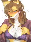  2014 5_fingers anthro blue_eyes blush bodily_fluids bra breasts brown_hair canid canine cleavage clothed clothing digital_media_(artwork) embarrassed female fingers fox hair japanese_text kemono ksyaro long_hair mammal mature_female navel open_shirt shy simple_background snout solo sweat text underwear undressing white_background 