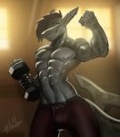  bleats bodily_fluids bottomwear clothing ear_piercing exercise fish hair hi_res male marine muscular muscular_male nipple_piercing nipples pants pecs piercing red_hair shark sweat weights workout zale_the_shark 