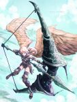  1girl angel armor arrow boots bow_(weapon) bracer brown_footwear cloud commentary drawing_bow flying gloves halo long_hair original oversized_object satyuas sky solo weapon wings 