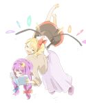  2girls barefoot black_skirt blonde_hair blue_bow book bow carrying closed_eyes commentary_request crescent crescent_hair_ornament flandre_scarlet flying hair_bow hair_ornament holding holding_book long_hair multiple_girls open_mouth patchouli_knowledge purple_eyes purple_footwear purple_hair purple_skirt red_bow shirt side_ponytail simple_background skirt smile touhou white_background white_shirt wings ziro_(daydozen) 