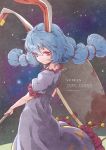  1girl ambiguous_red_liquid animal_ears blue_dress blue_hair bunny_ears character_name commentary crescent dress ear_clip frills kine legacy_of_lunatic_kingdom long_hair mallet red_eyes satyuas seiran_(touhou) sky solo stain star star_(sky) starry_sky touhou twintails 