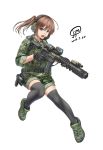 1girl ar-15 assault_rifle black_legwear blue_eyes brown_hair camouflage commentary dated english_commentary gloves gun handgun headset highres holding holding_gun holding_weapon holster holstered_weapon jpc open_mouth original pistol rifle shorts side_ponytail signature solo thighhighs trigger_discipline weapon white_background 