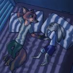  absurd_res bed canid canine clothing disney duo female fox hi_res judy_hopps lagomorph leporid lying male mammal mshkaa nick_wilde on_back pillow predator/prey rabbit smile zootopia 