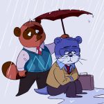  1:1 2019 animal_crossing anthro bottomwear brown_fur canid canine clothing duo eyewear finsterwalds fur glasses hi_res lutrine lyle_(animal_crossing) male mammal mustelid nintendo pants raccoon_dog raining shirt sitting tanuki tom_nook_(animal_crossing) topwear umbrella video_games 