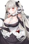 1girl absurdres azur_lane bangs between_breasts black_dress blush breasts cleavage closed_mouth curtsey dress earrings formidable_(azur_lane) frilled_dress frills grey_hair hair_ribbon highres jewelry large_breasts long_hair looking_at_viewer red_eyes ribbon simple_background twintails two-tone_dress two-tone_ribbon very_long_hair white_background yuuko_(030_yuko) 