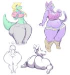  2017 4_fingers ? alligator alligatorid angstrom anthro belly belly_overhang big_breasts big_butt biped black_eyes black_hair blonde_hair blush boots bottomwear bratty_(undertale) breasts butt catty_(undertale) cleavage clothed clothing crocodilian crop_top digital_media_(artwork) domestic_cat fangs felid feline felis female fingers footwear front_view gesture group hair hands_behind_head hi_res huge_butt huge_hips humanoid hyper hyper_butt hyper_hips looking_at_viewer mammal midriff multicolored_hair navel nipples open_mouth open_smile overweight overweight_female pants pointing purple_hair raised_arm rear_view reptile scalie shirt shorts simple_background smile standing tank_top text thick_thighs topwear two_tone_hair undertale video_games voluptuous white_background wide_hips yellow_eyes yellow_sclera 